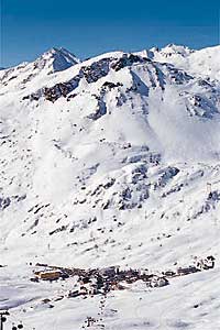 The tiny village of St. Christoph atop the Arlberg Pass, as seen from the slopes of St. Anton.