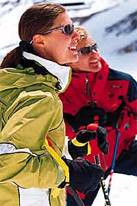 Her Hard Corps Darian jacket, $245 Smith Toaster sunglasses, $99 Him Spyder Baird jacket, $525 Bollé Boomslang sunglasses, $100