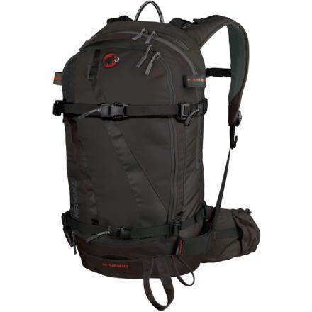 Mammut Nirvana 35 It only looks minimalist. Then you notice the features: shovel and probe pocket, removable helmet holder, and fleece-lined goggle pouch. For ski…