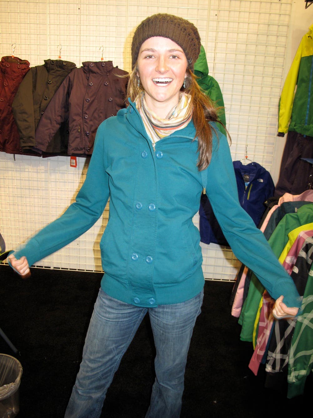 Jacqui Edgerly at North Face Winner of the South American Freeskiing Championships, Jacqui Edgerly models a new hoody for her new sponsor, The North Face.
