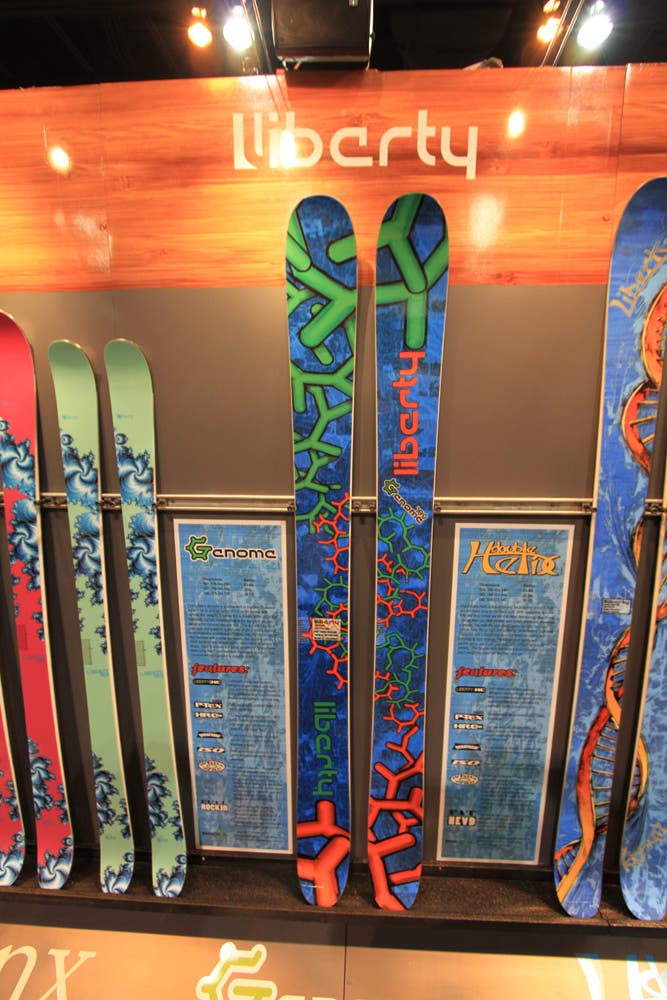 Liberty Genome Ski Liberty’s new ultra-fat bamboo-cored powder ski has full tip and tail rocker and a center with camber and sidecut. Its dimensions are 170-141-156…