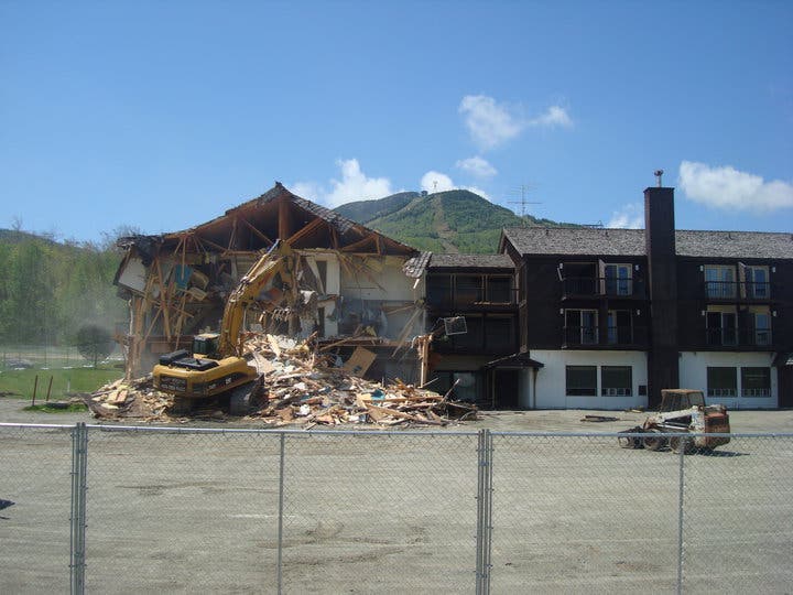May 25, 2010- Demolition teams take the first crack at Hotel Jay. This funky old hotel has been a part of Jay Peak culture since 1973.