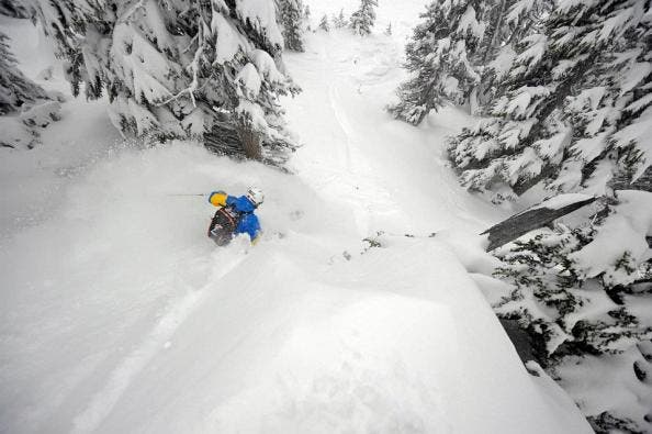 We were skinning up to ski Blackcomb Peak’s DOA—a 1,000-vertical-foot chute that maxes out at 50 degrees—digging the spring corn far too much to make…