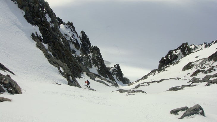 Down the Dogleg Steve pauses after we negotiate the chute's crux. At this point, my hands have stopped shaking enough to take this picture.