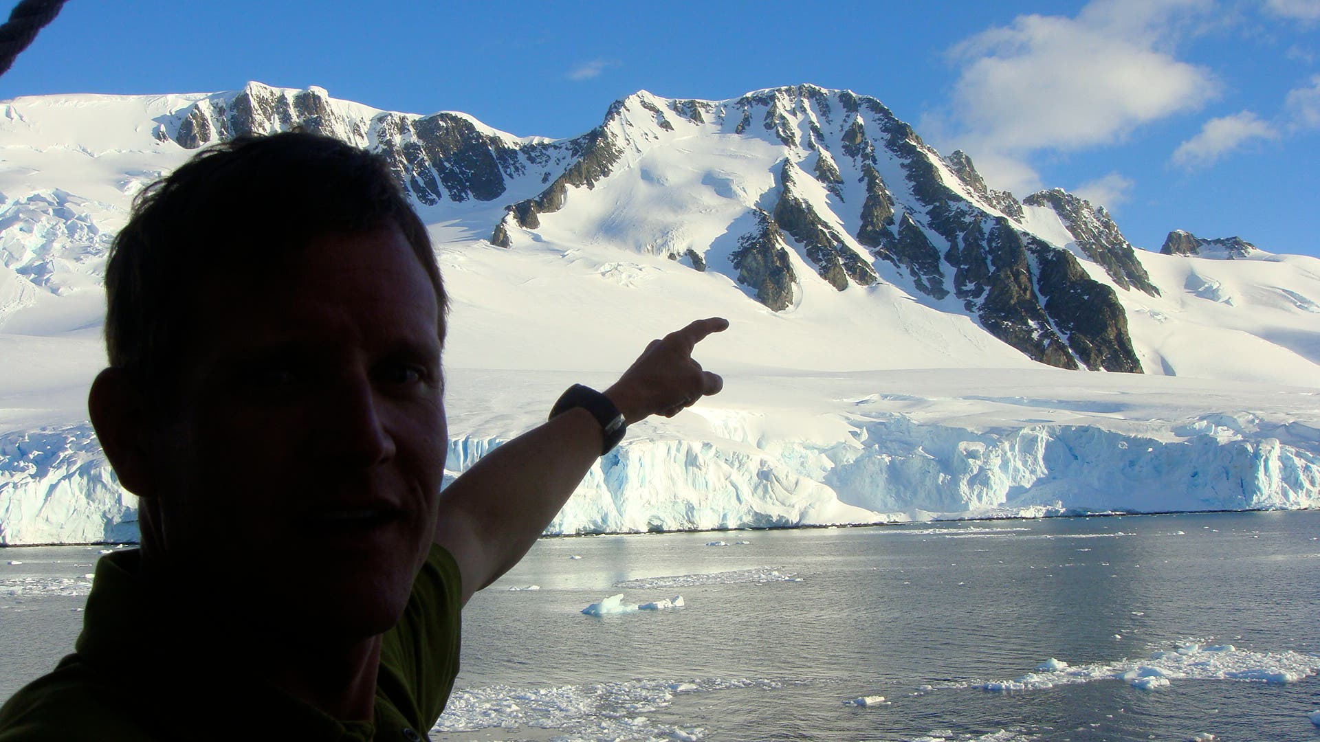 From the deck of the M/V Clipper Adventurer, Steve points out the one we skied—the shaded couloir, dropping from the high ridge, farthest to the…