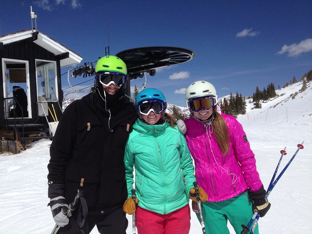 From left to right, ski testers Carter Timbel, Shannon Littlefield, and Hillary Procknow take time to smile for the camera.