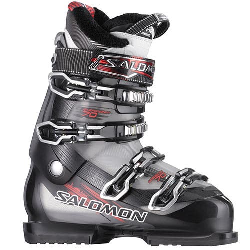 chaussure ski salomon mission lx - chaussures de d'occasion The Divine Cruise from Salomon is a soft and cushy boot for the mellow intermediate skier A good fit for someone who has a wider forefoot and needs some room in the cuff The four micro adjustable aluminum buckles and tool free catches on the upper buckles help you get the fit dialed in so you can spend more time on the slopes The Divine Cruise has the XFITFusion Advanced liner that can be heat molded to accelerate the breaking in process and adds that warm and fuzzy feeling for extra warmth A 35mm strap helps keep you leg supported and improves the rebound of the boot The Mission Cruise is a perfect boot for the mellow intermediate skier that has a wider forefoot and shaft of the legSalomon Mission Cruise Ski Boots Mens Specs Flex 75 Buckle 4 XFITFusion Liner Tool Free Catch Adjustment Great Fit for a Wide Forefoot and Wide Shaft of the Leg Great Shape - Salomon Men's