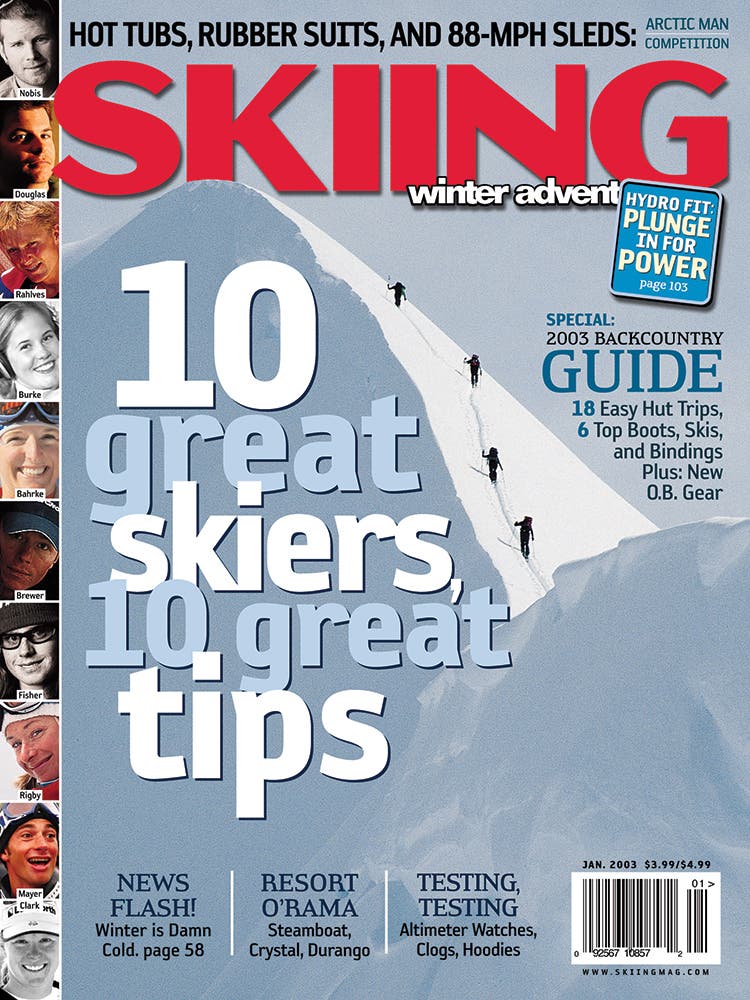 January 2003 Seriously! Who tests clogs? More importantly, check out the mugs of skiers on the left. Legends.