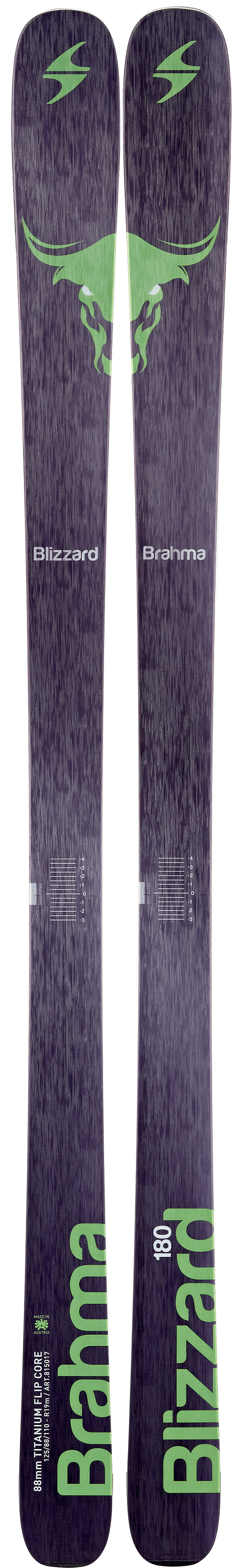 Blizzard Brahma Sidecut: 125-88-110Lengths: 166, 173, 180, 187Radius: 19MSRP: $800For more info on this ski, click here.