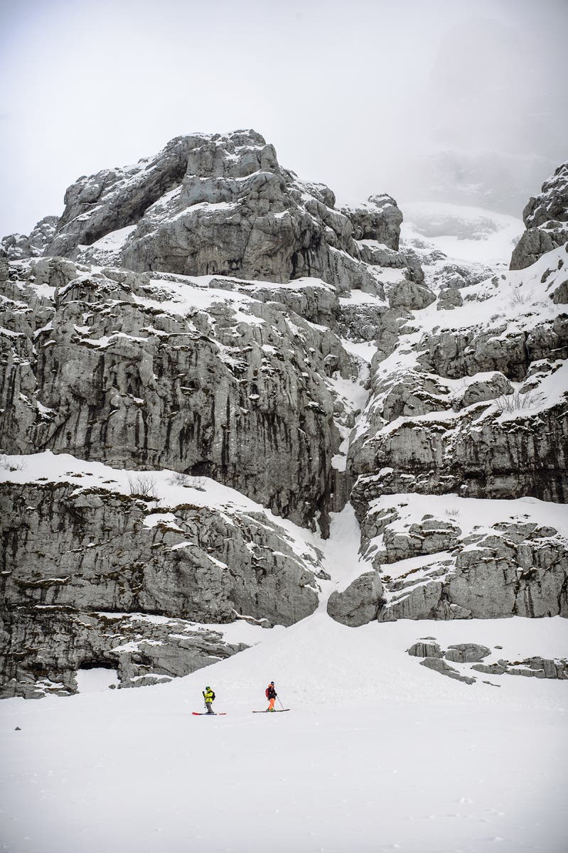 Humbled While filming No Turning Back for Warren Miller Entertainment, Tyler Ceccanti and Josh Bibby examine “the towers” of 7,992-foot Astraka Peak during a…