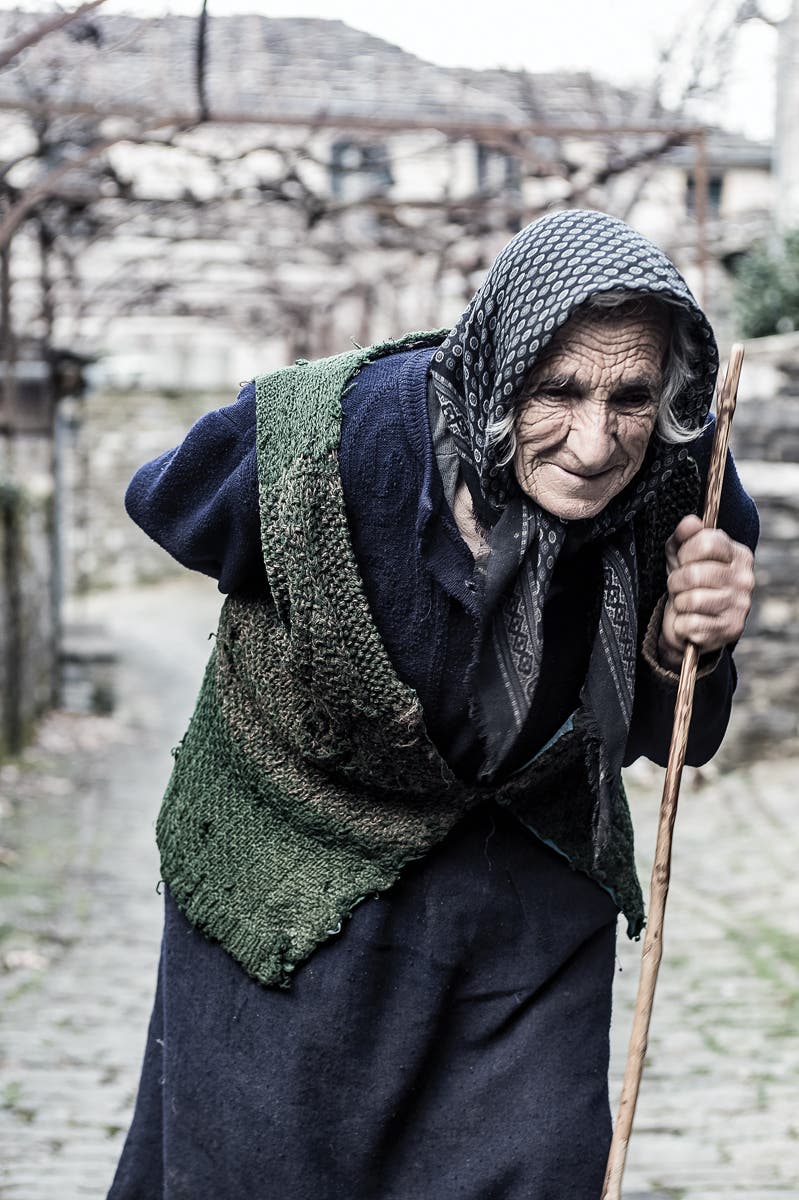 Locals say this Greek woman treks more than seven miles on foot every day.