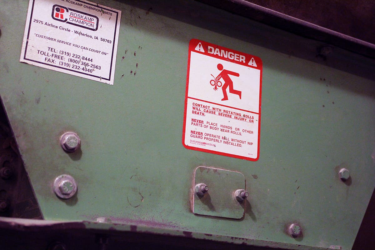 Danger! Odell employs some heavy (and potentially hazardous) machinery to mill grain and move materials around the brew house. The main dry grinder pictured…