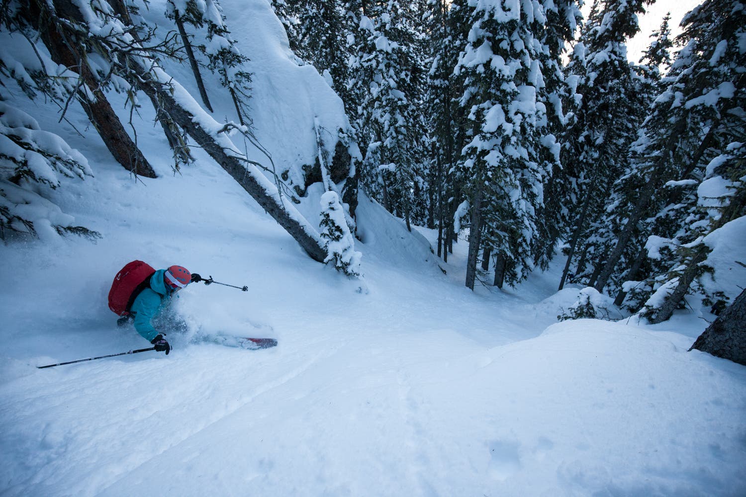 Chutes and Ladders Caroline Gleich getting into the steepness off the backside of Ski Santa Fe.
