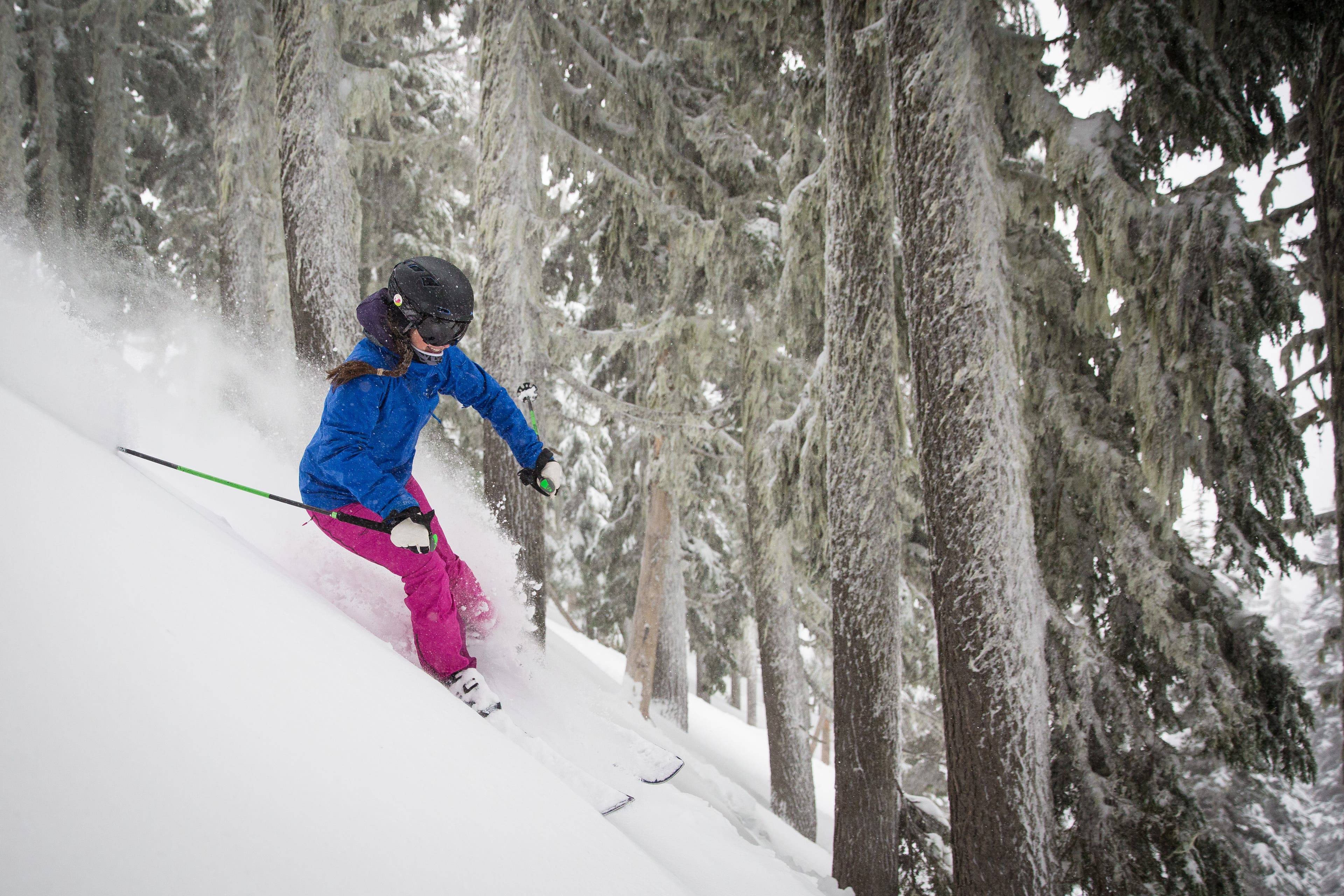 Crystal Sagan of Boulder ducks off-piste for some freshies at Mount Hood’s Timberline ski area, the only lift-accessed resort with ski-in, ski-out…