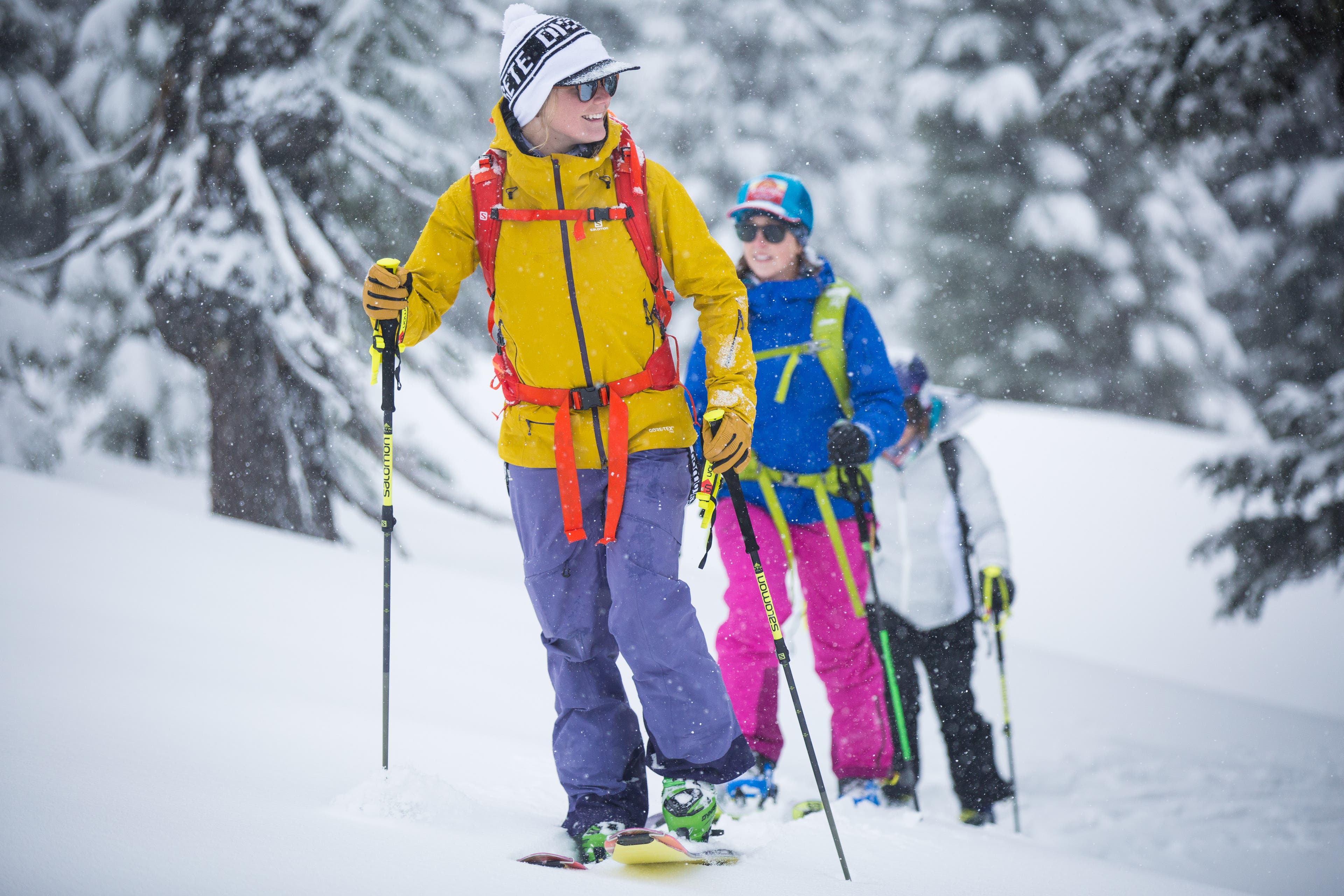 Pack Leader Kalen Thorien, one of Salomon’s first hires as a four-season professional athlete, leads a group of skiers into the old-growth backcountry near Mount…