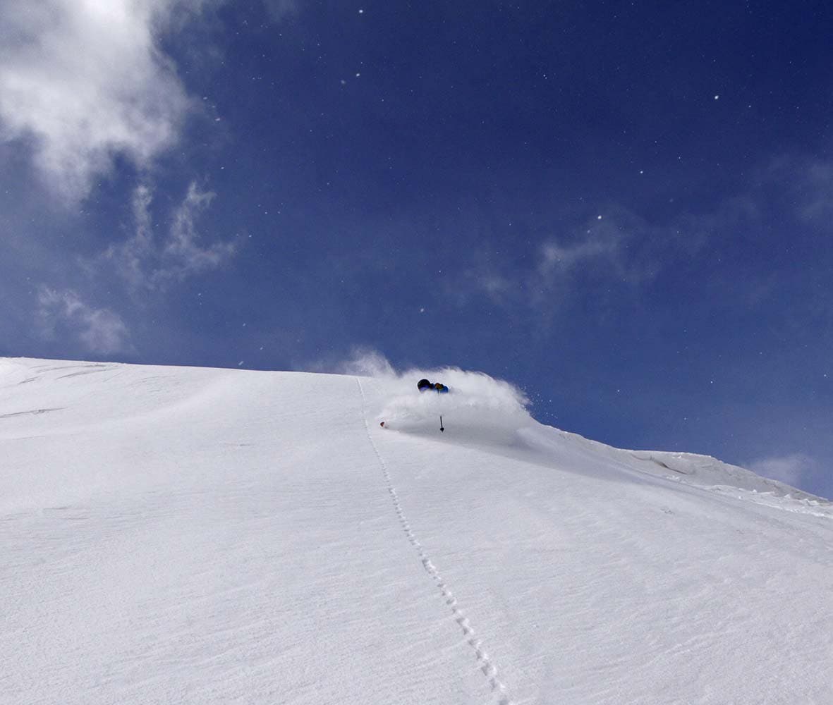 A nighttime storm was a fine welcome from Deer Valley Resort before our first day of ski test. Brendan Gooding makes himself at home.