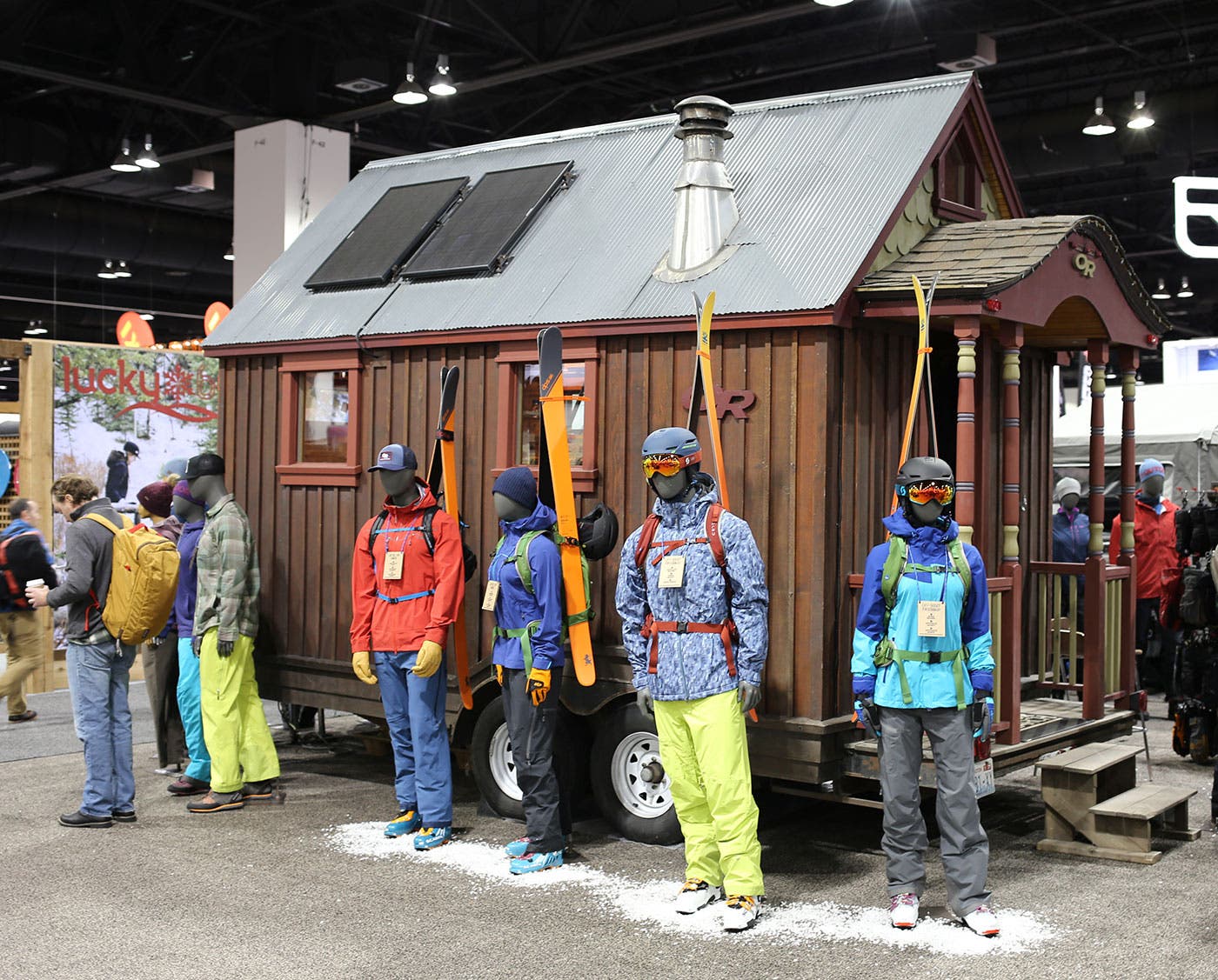 Outdoor Research brought this tiny house, complete with queen size bed, kitchen, solar panels, and wood stove, as their base of operations. 