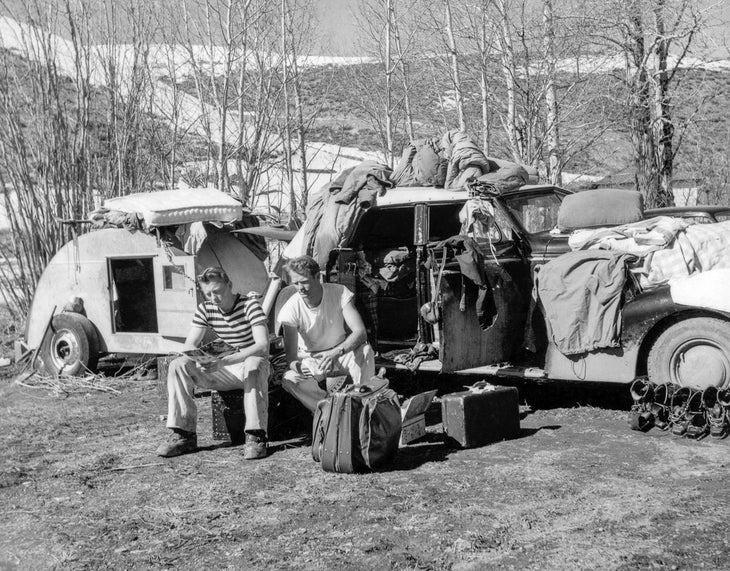 SKI1016_WarrenMiller07 Warren and Ward “fumigating” the trailer in the spring of 1947. The mattress was frozen to the floor of the trailer.