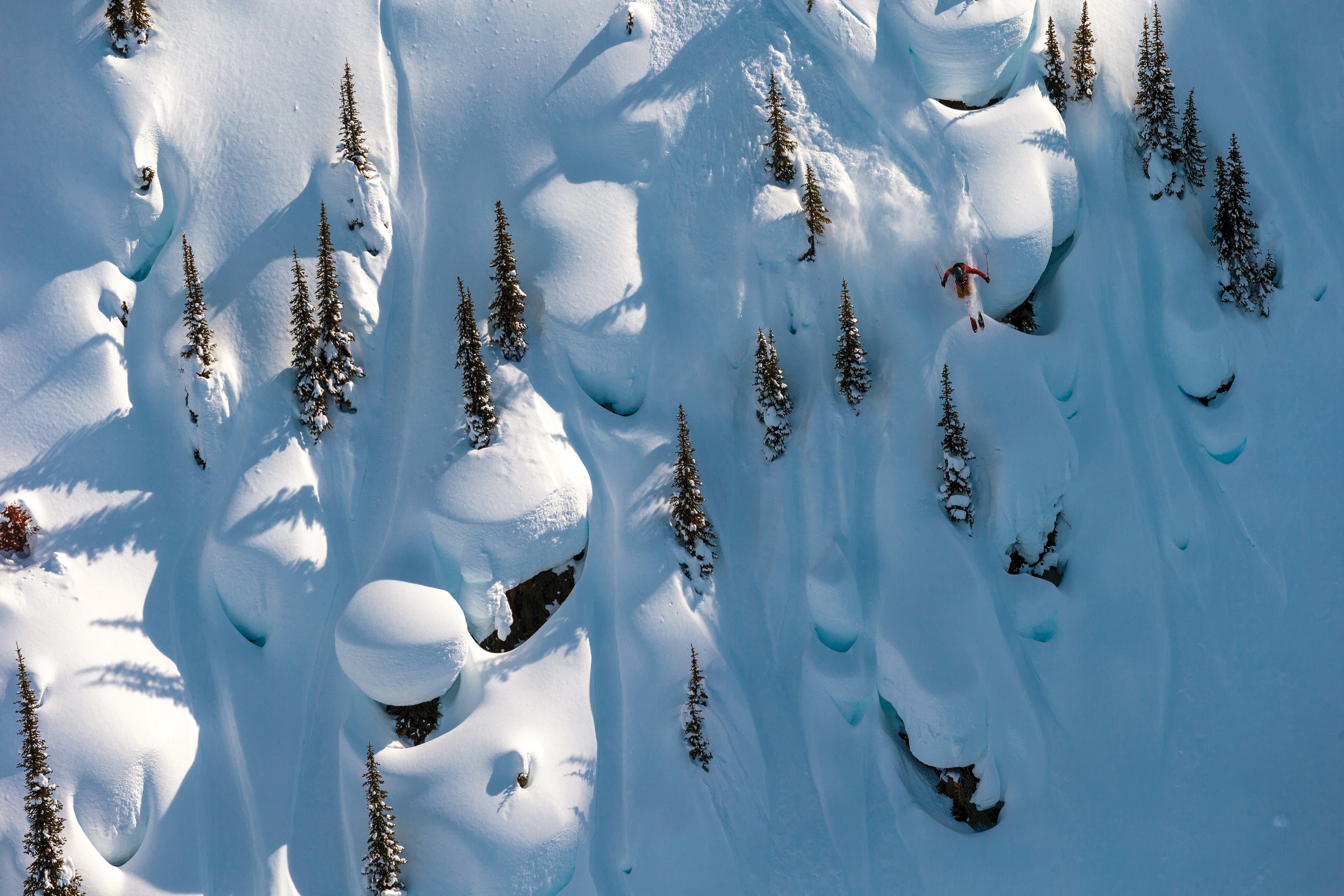 BIRD’S-EYE VIEW After a stormy week of filming with Teton Gravity Research at Chatter Creek, B.C., the sky cleared and photographer Grant Gunderson…