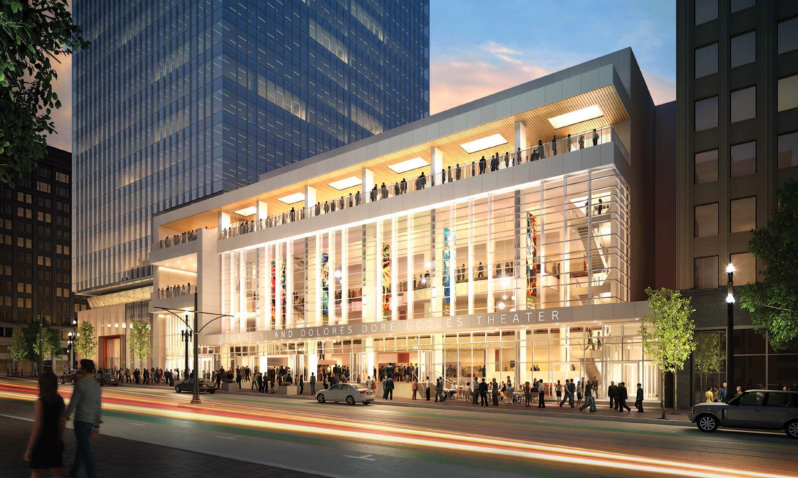 SKI1017_TRA_SLC3_EcclesTheaterCourtesy Eccles Hall lights up its downtown street corner on the eve of a show.