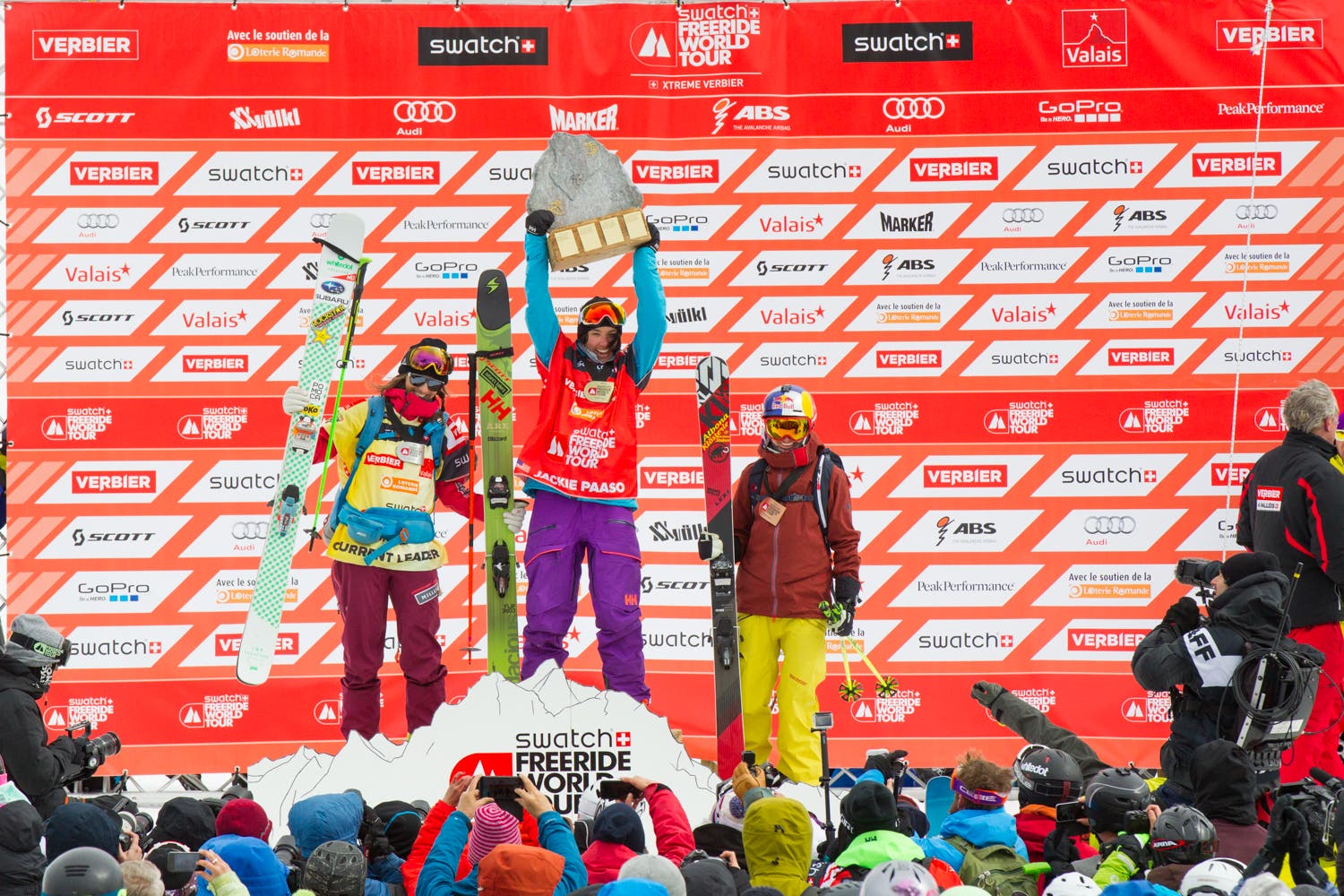 Jackie Paaso atop the podium at the 2016 Freeride World Tour Verbier Xtreme.
