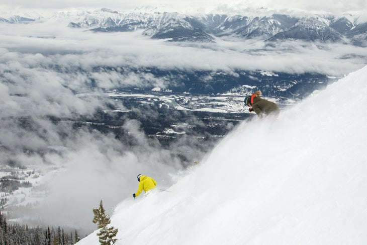 "Eric Lipton and Kaylin Richarson ski at Kicking Horse Resort in Canada"