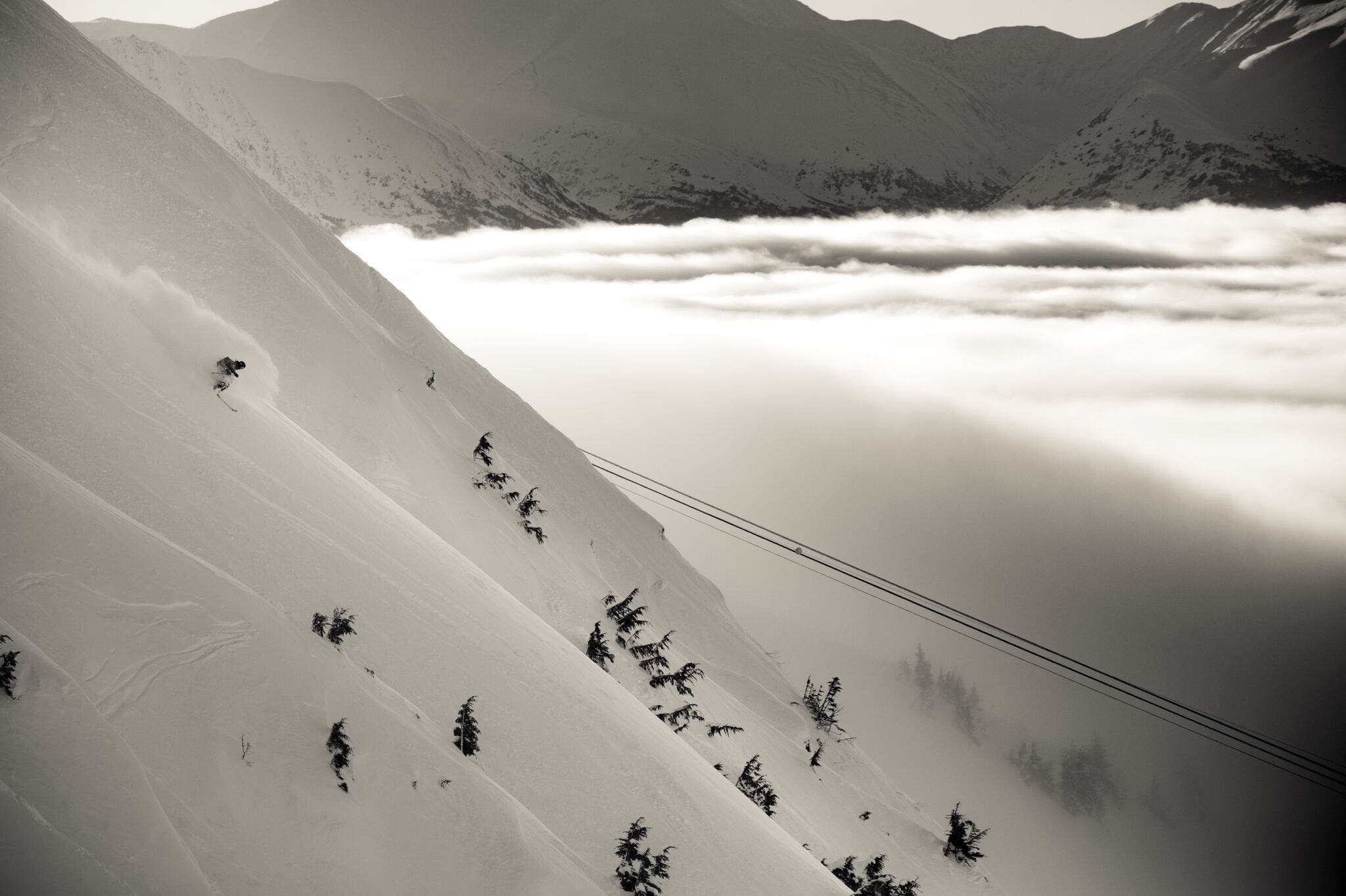 A skier descends Alyeska's Christmas Chute.