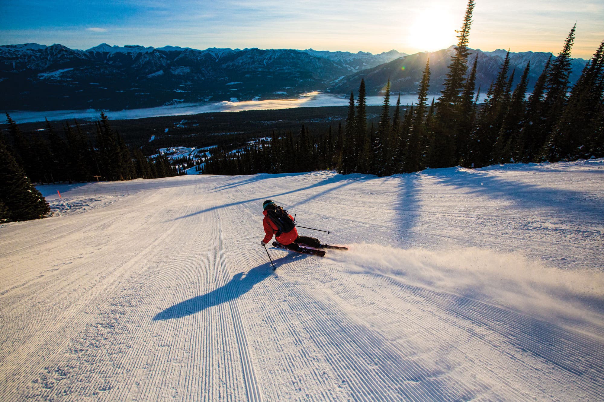 SKI1118-KickingHorse14-byKeriBascetta Wittstock tears down intermediate groomer Wiley Coyote to the base village.