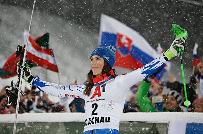 Petra Vlhova celebrates her slalom win in Flachau, Austria