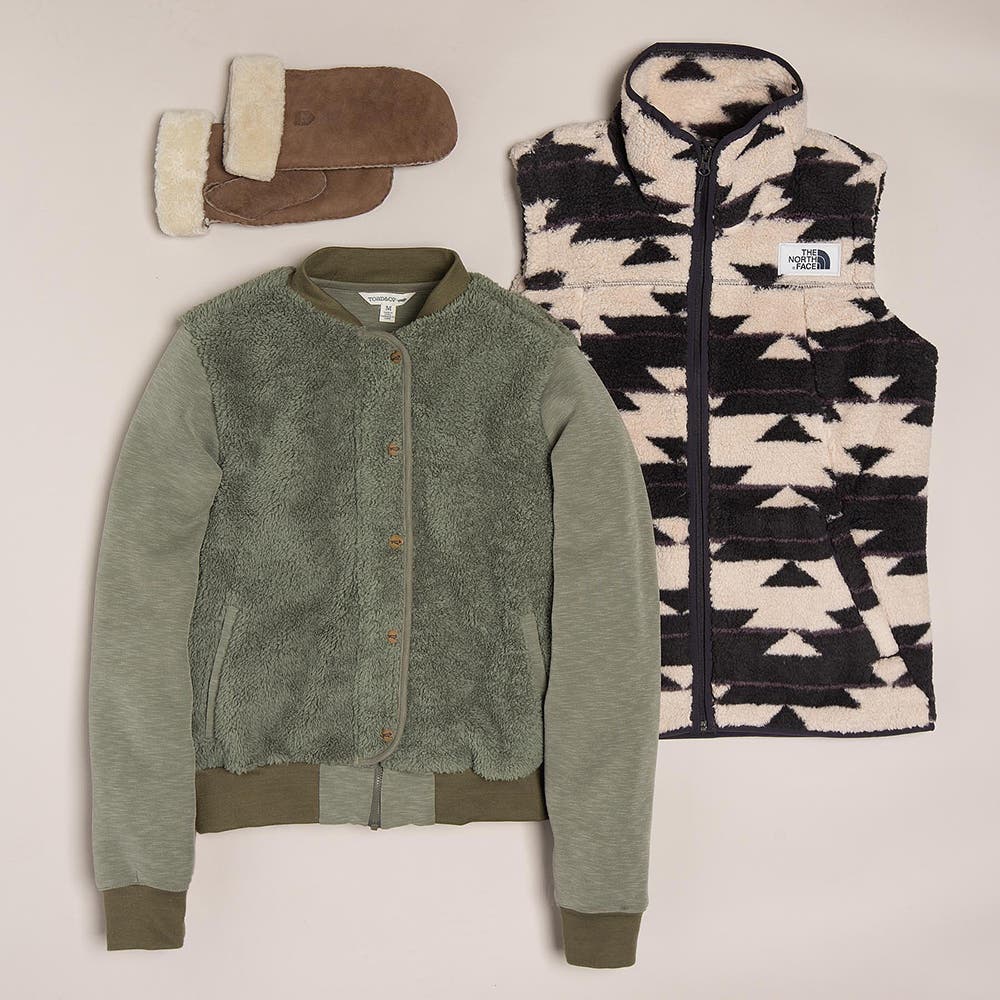 Ski-MountainStyle-Sherpa-w-TNF-ToadCo-Hestra The North Face Women's Campshire Vest, Toad&Co. Allie Fleece Jacket, and Hestra Sheepskin Mitt