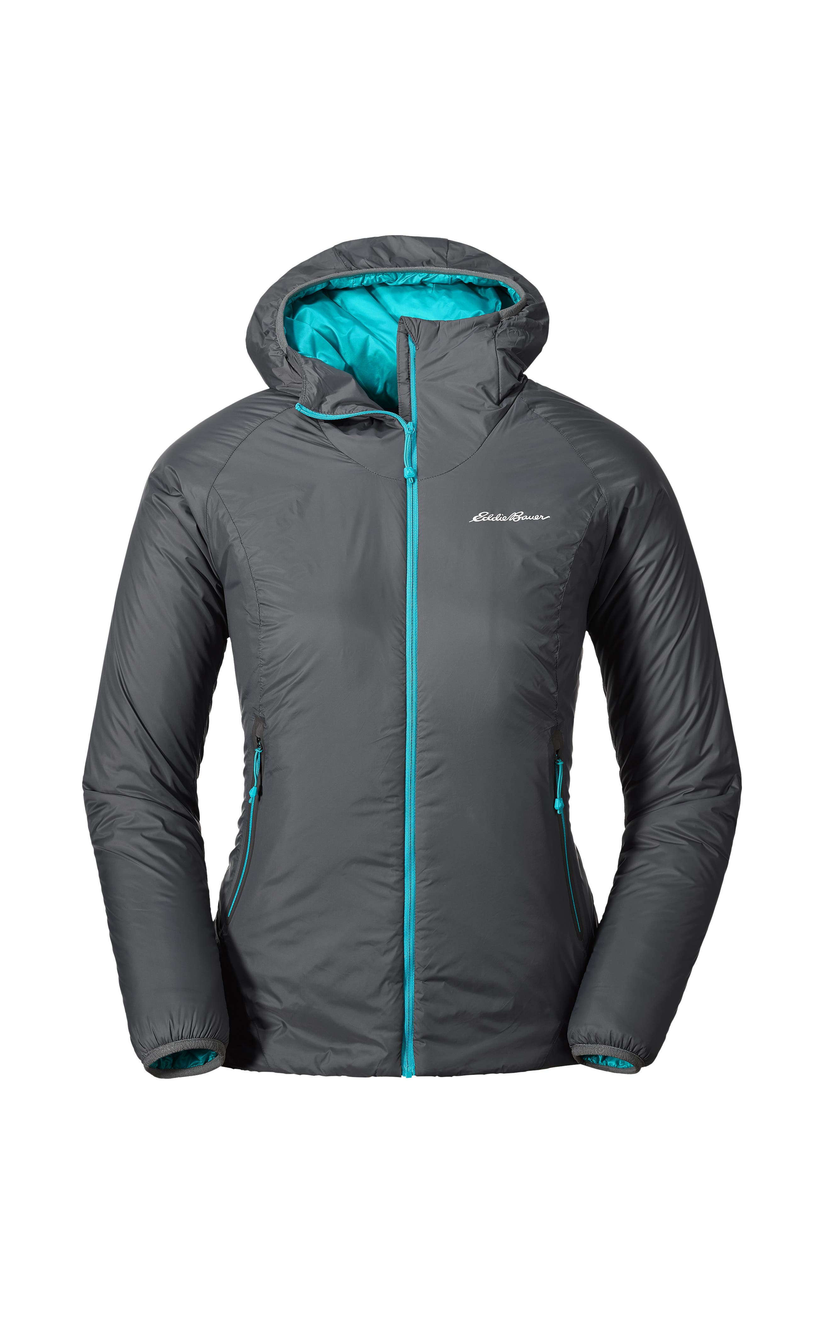 W's EverTherm Down Hooded Jacket_Dark Smoke Eddie Bauer Women's EverTherm Down Hooded Jacket in Dark Smoke