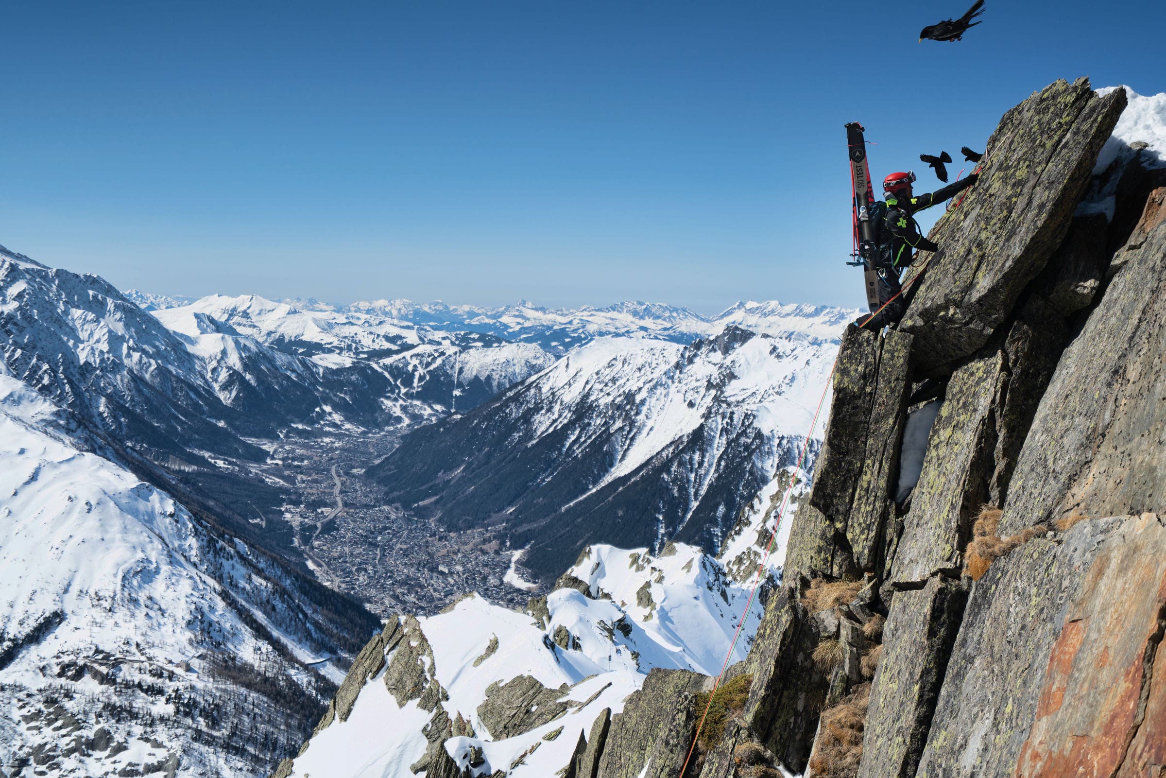 A ski patroller practices rescue techniques in the Chamonix Valley.
