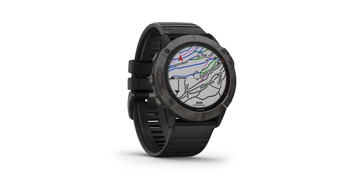 "Garmin fenix 6 pro solar watch with a map screen sits on a white background"