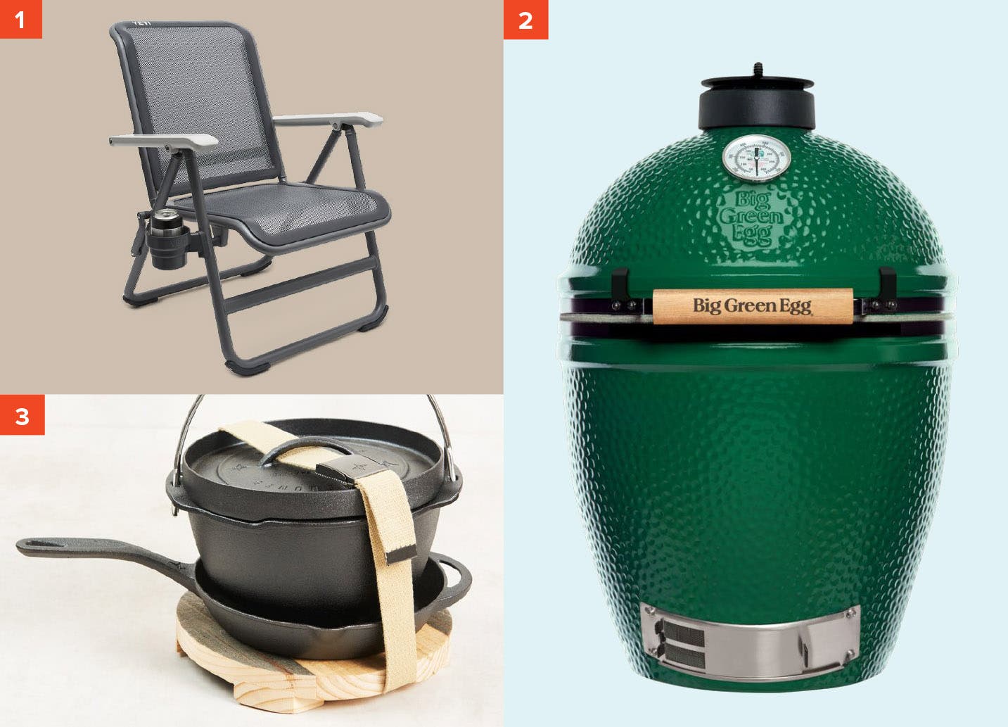 01-ski-fathers-day-2020-outdoor-entertaining Yeti Hondo Base Camp Chair, Big Green Egg, and United by Blue Cast Iron and Trivet Set