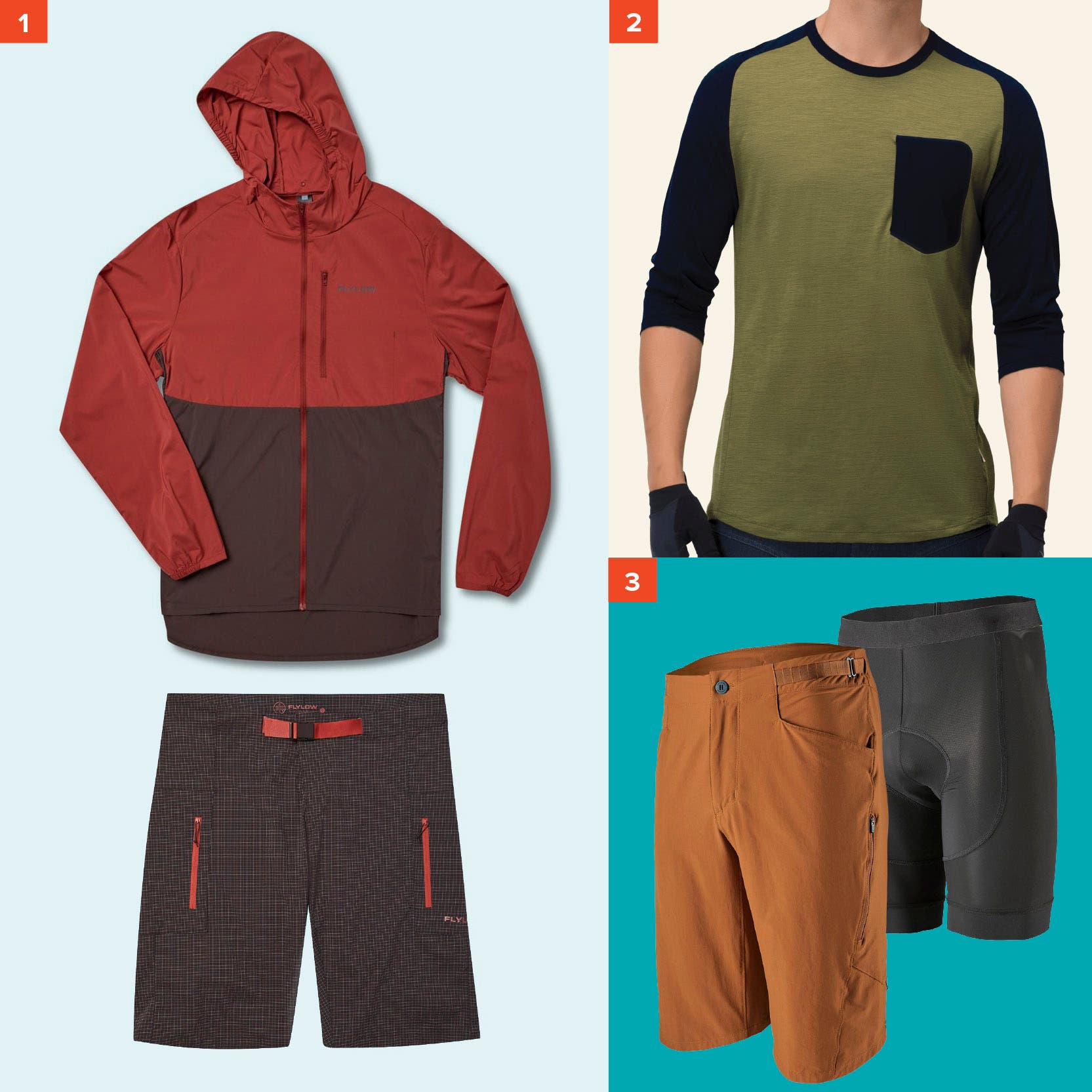03-ski-fathers-day-2020-mtb Flylow Davis Jacket and Goodson Short, Norrøna Skibotn 3/4 Wool Shirt, and Patagonia Dirt Craft Bike Shorts