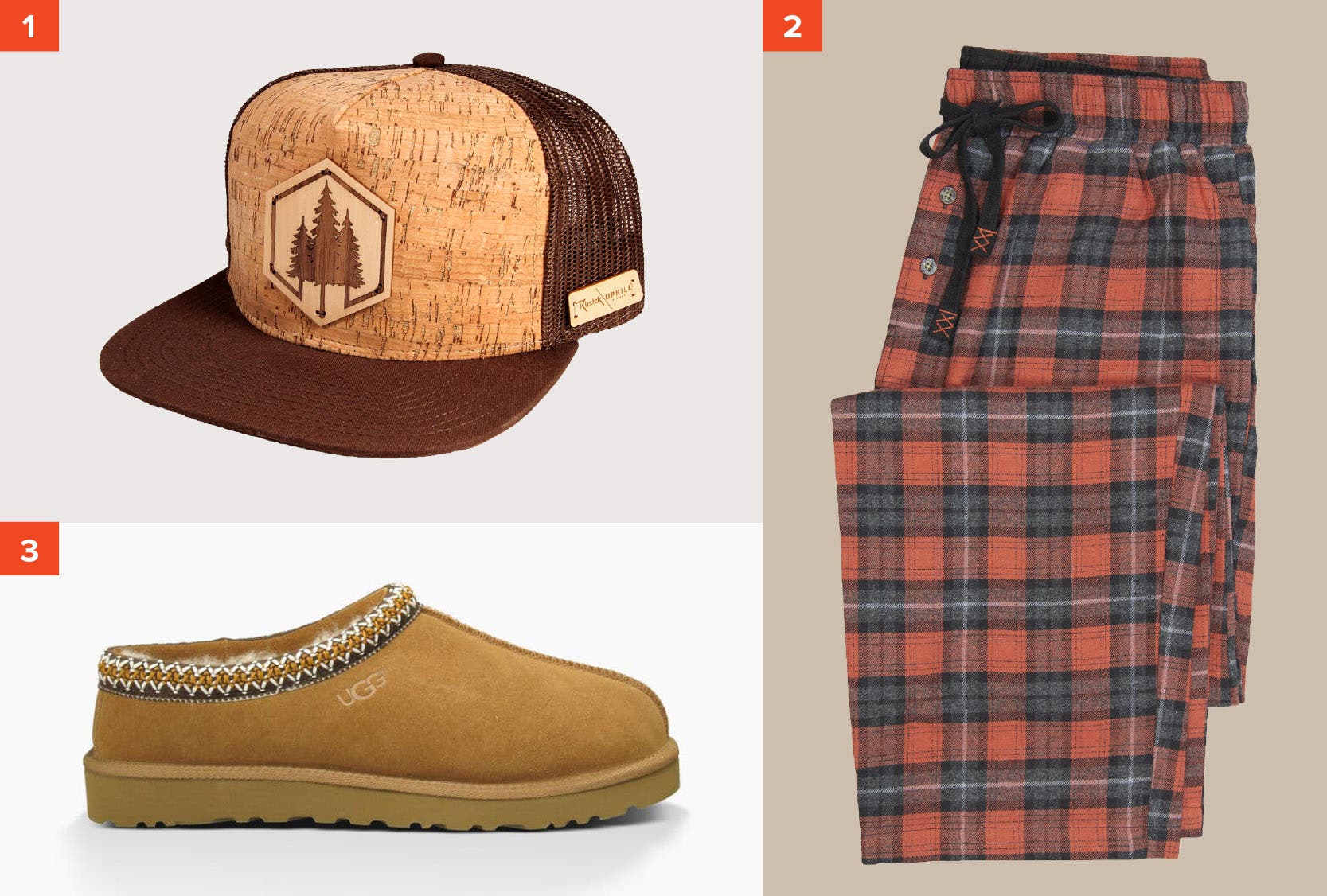 04-ski-fathers-day-2020-cabin Rustek Designs Uphill Designs x Rustek Inlay Trucker Cap, Dakota Grizzly Lowell Lounge Pant, and Ugg Tasman Slipper