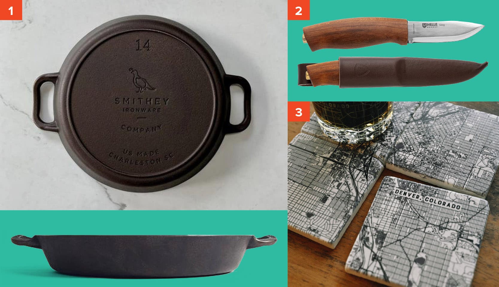 08-ski-fathers-day-2020-home Smithey Ironware No. 14 Dual Handle Skillet, Helle of Norway The Skog Knife, and Outward Cartography Custom Map Marble Coasters