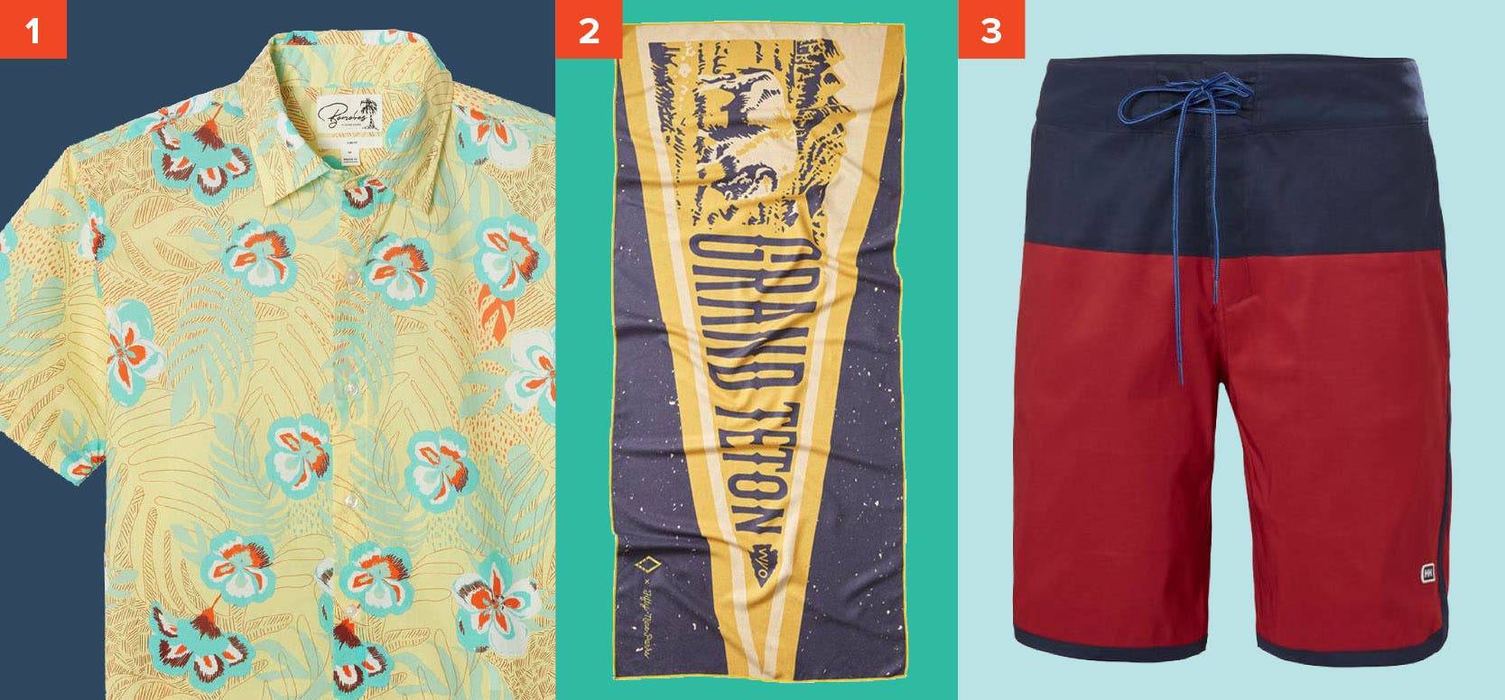 Bonobos Riviera Short Sleeve Shirt, Nomadix 59 Parks Collection Towel, and Helly Hansen Solen Watershorts 9.5