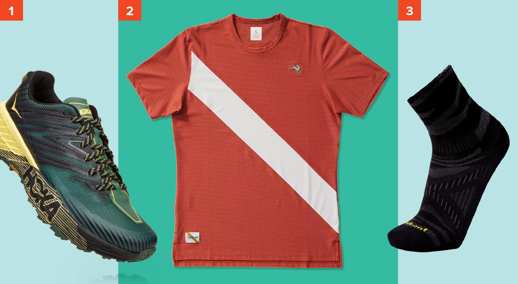 HOKA ONE ONE Men's Speedgoat 4, Tracksmith Van Cortlandt Tee, and Le Bent Trail UltraLight Mini Sock