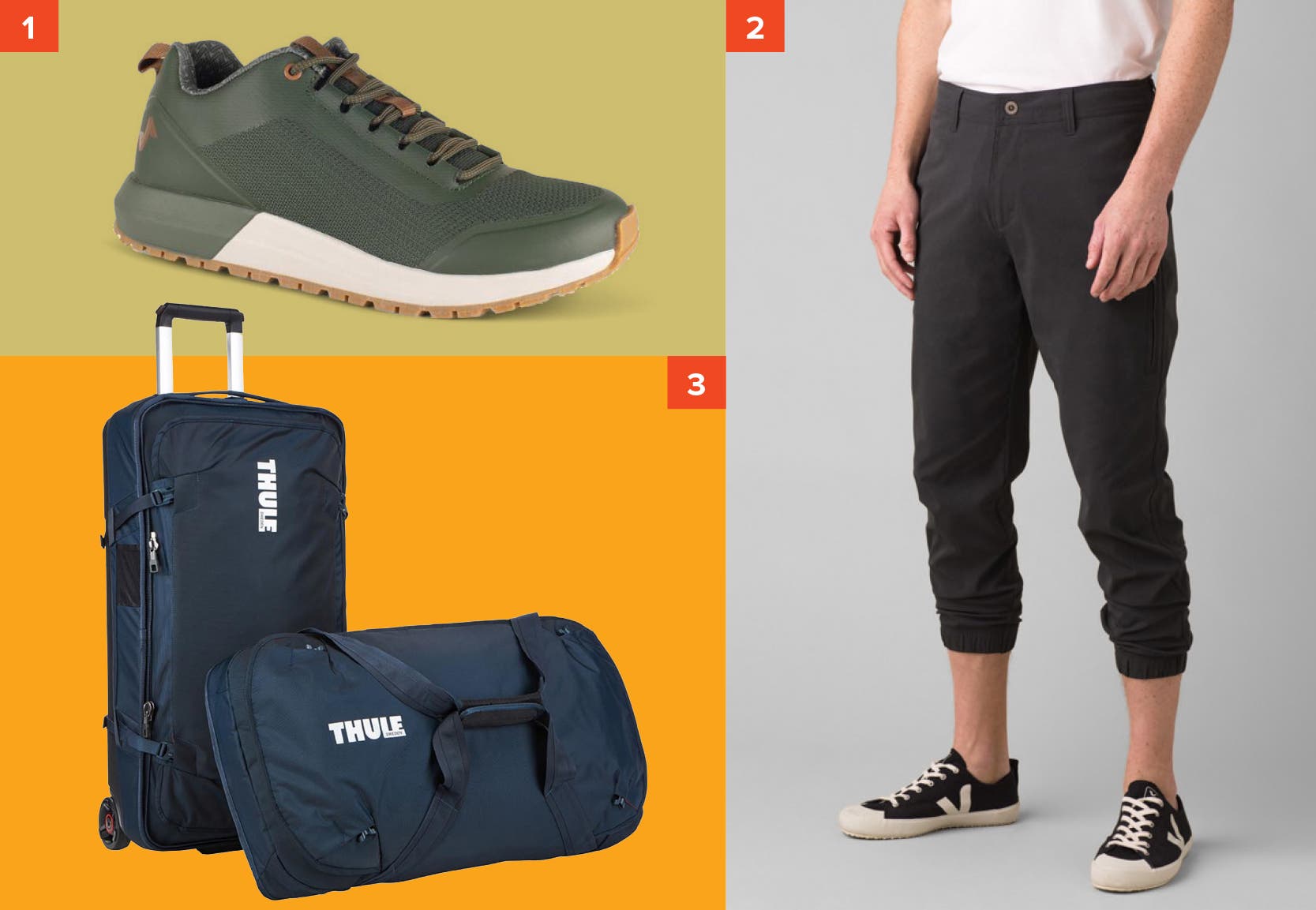 Forsake Cascade Vegan Sneaker, PrAna Hybridized Jogger, and Thule SubTerra Wheeled Duffel