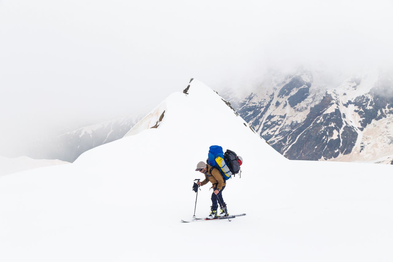 Brody Leven on the glaciated terrain below Shkhara. In his film Lost, Leven grapples with the weight of the ski industry and sport.
