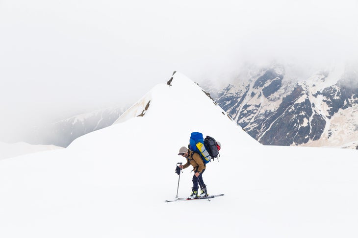 Leven_28May2018_3637 Brody Leven on the glaciated terrain below Shkhara. In his film Lost, Leven grapples with the weight of the ski industry and sport.