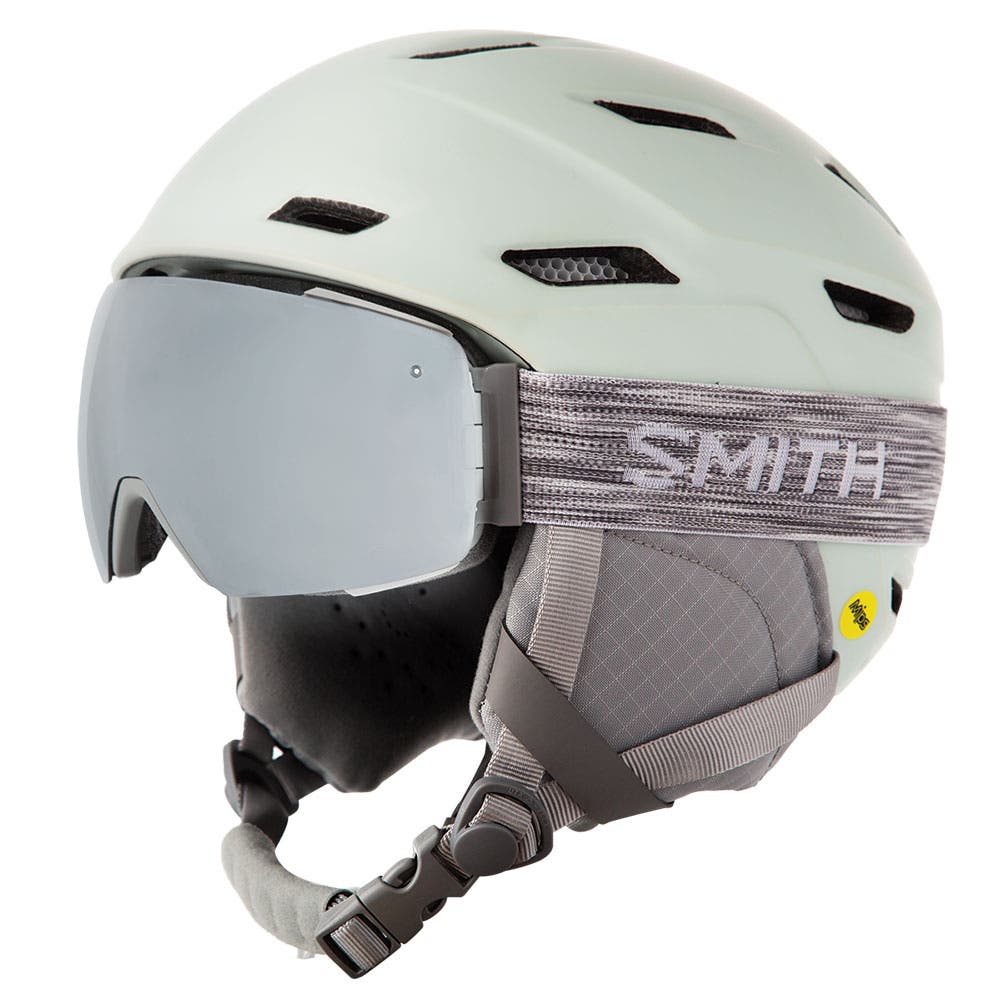 Gray goggles and light green helmet