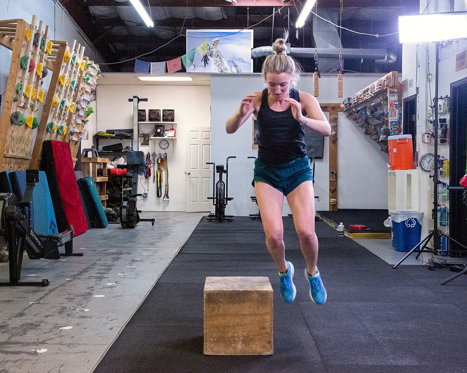 Jessi Hackett performs a lateral box jump at the Alpine Training Center in Boulder, Colo.