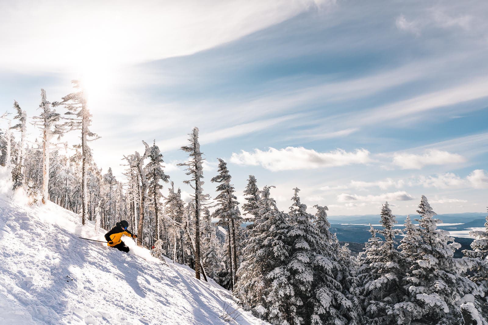 Skier on a gladed run at Saddleback Mountain, Maine