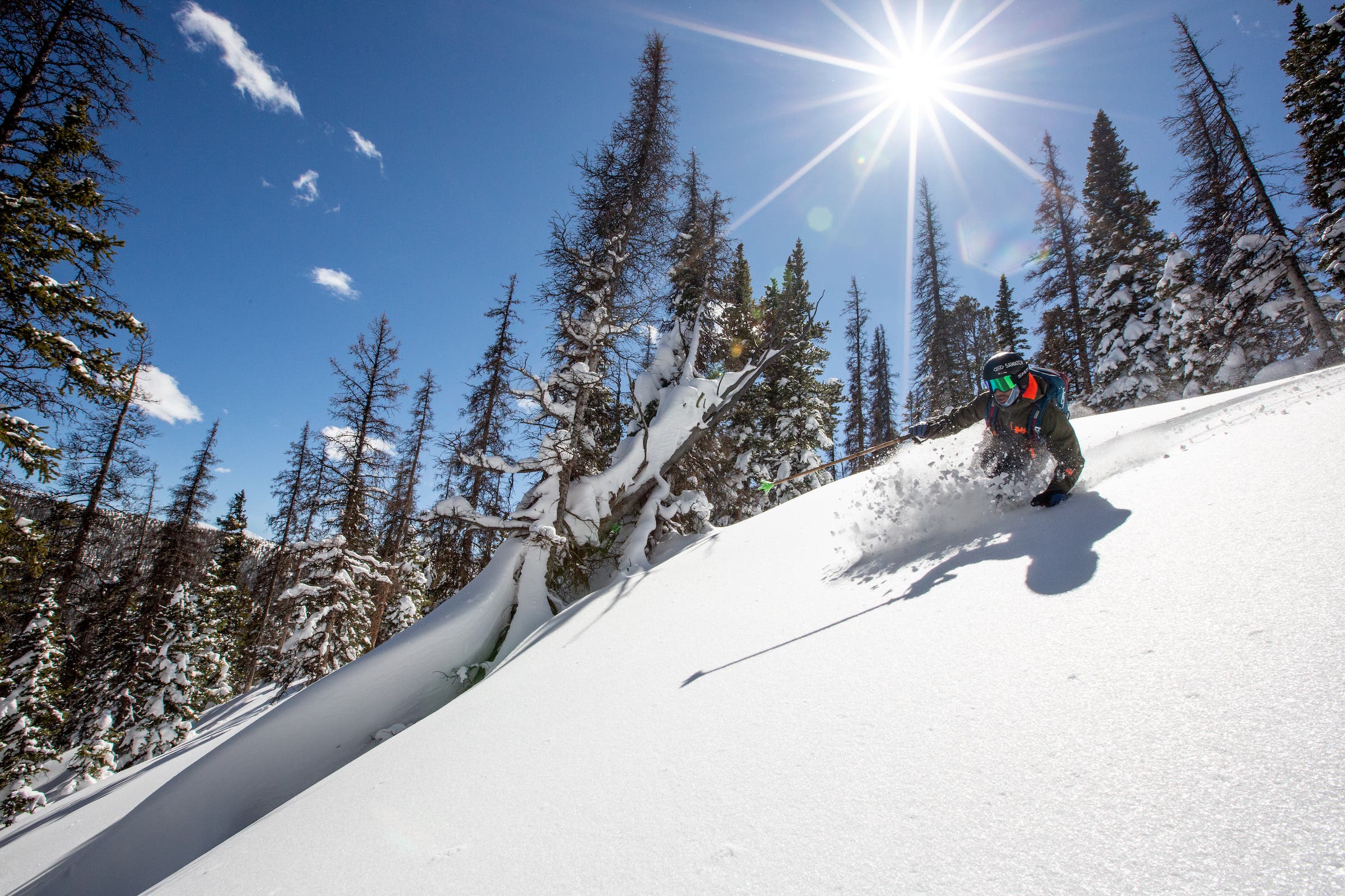 Skier in powder at Monarch Mountain, Colo.