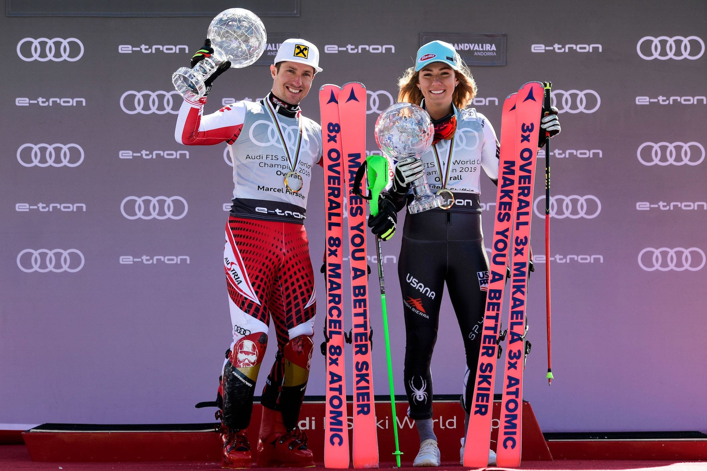 Mikaela Shiffrin and Marcel Hirscher celebrate their World Cup overall wins