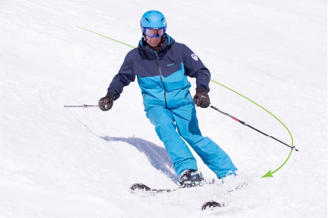 Skier performs a j-shaped turn to shed speed and check snow conditions