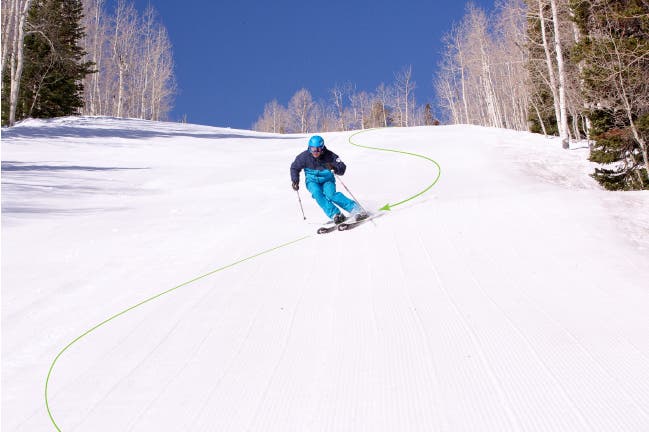 Skier performs an s-shaped turn to build speed while skiing