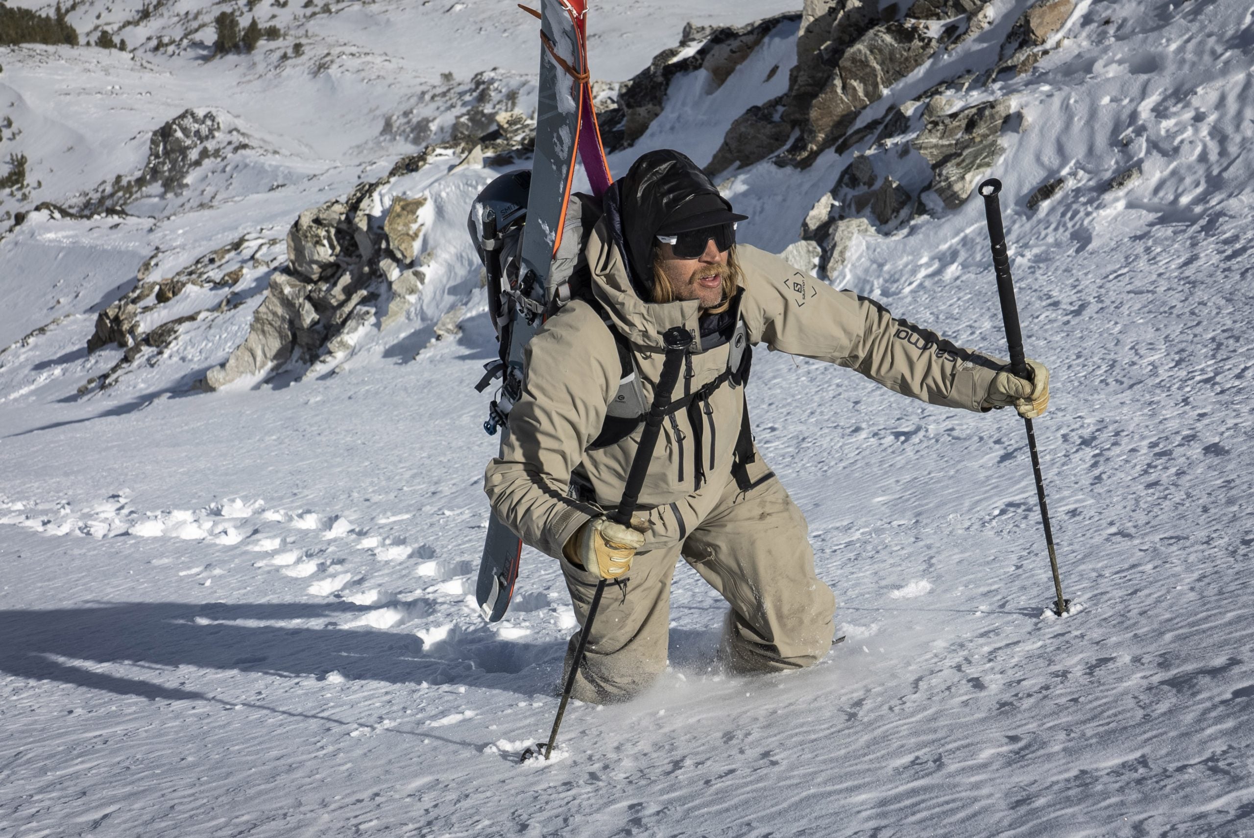 Cody Townsend climbing a couloir in the Salomon Scrambler jacket
